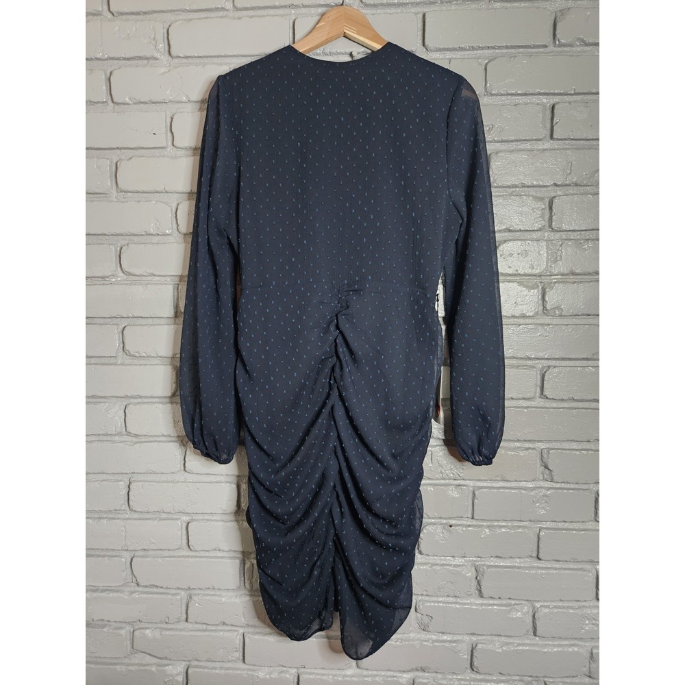 Leith Women's Dress Large Polka Dot Shirred Blue Long Sleeve V Neck Knee Length - Picture 2 of 13